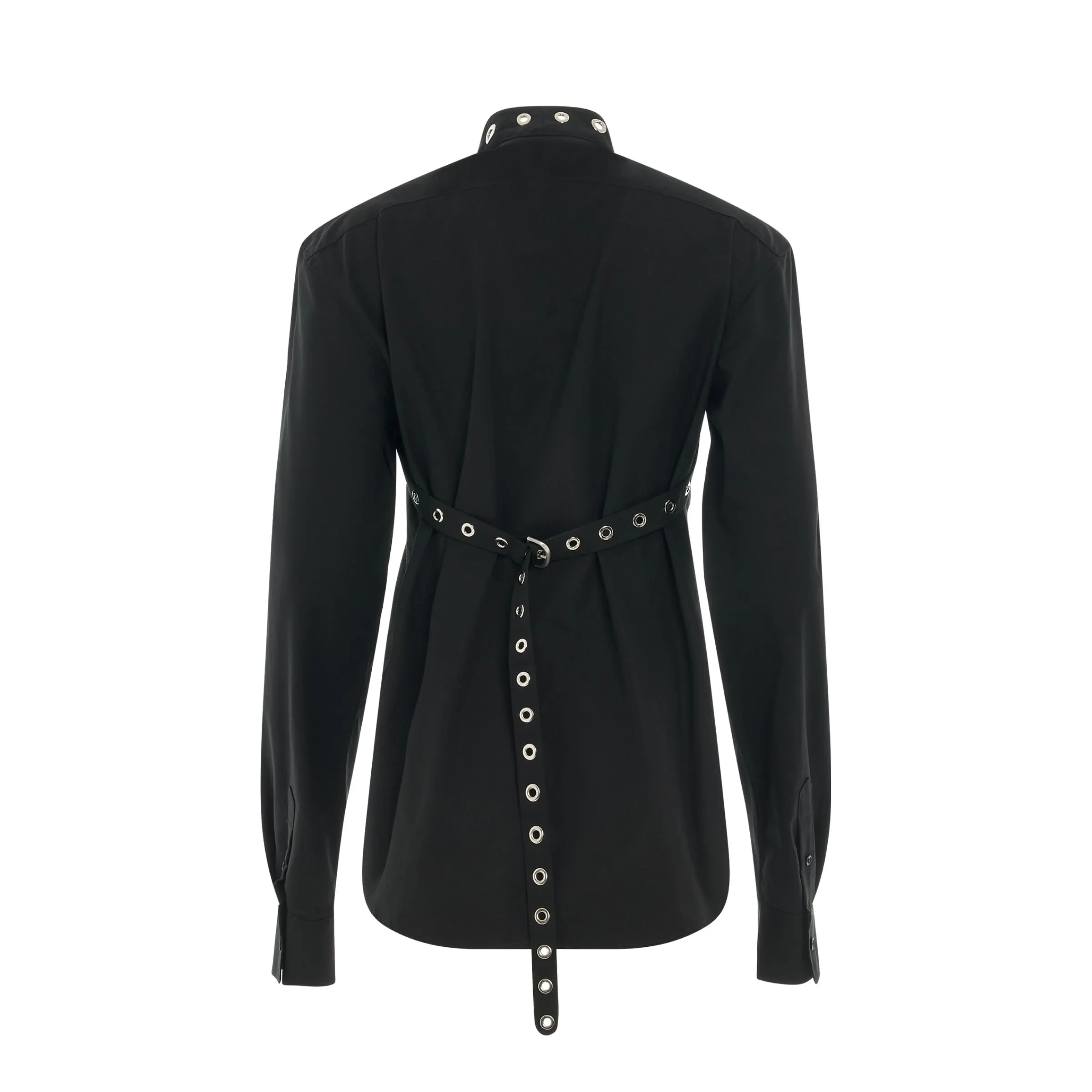 Poplin Belt Eyelets Cross Shirt in Black