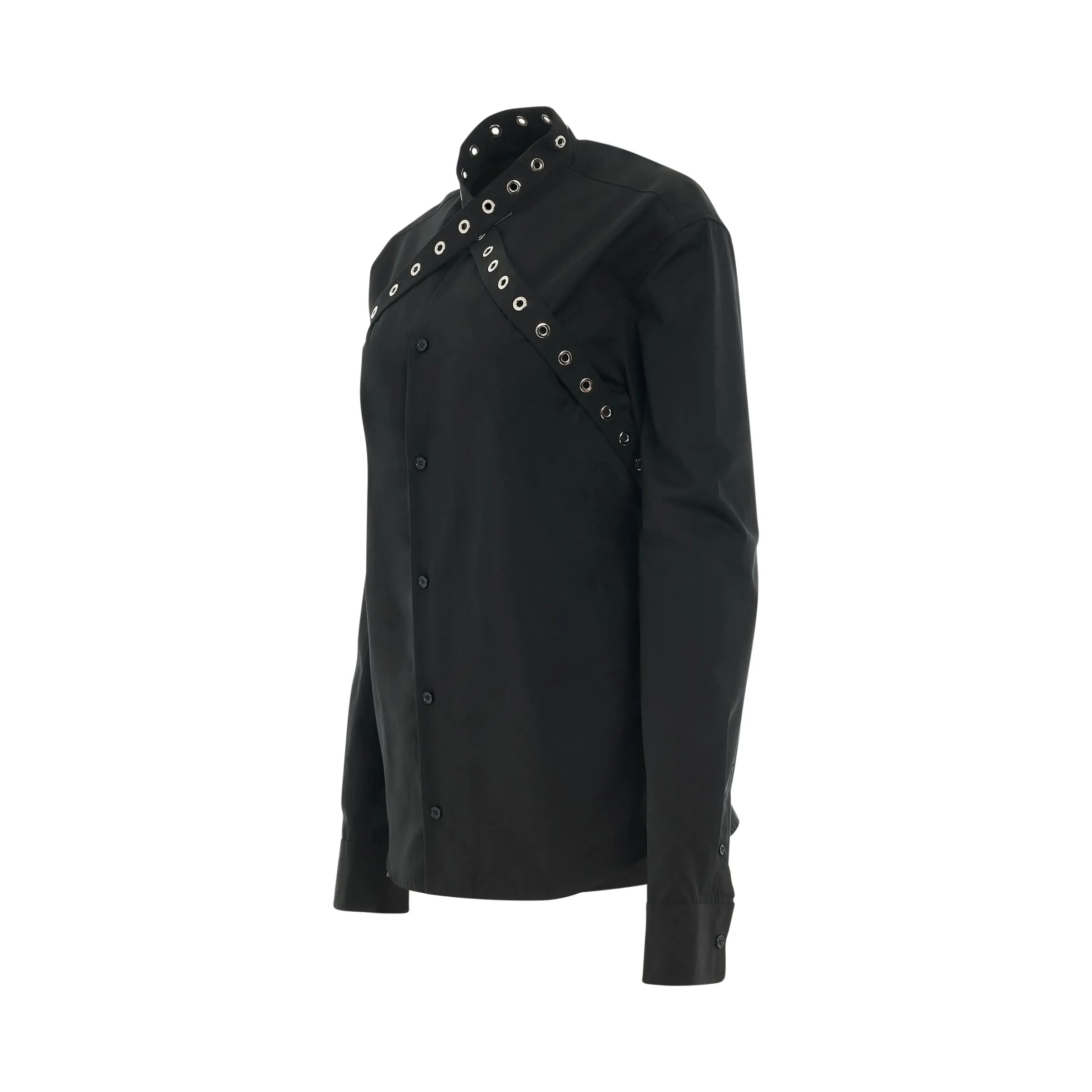 Poplin Belt Eyelets Cross Shirt in Black