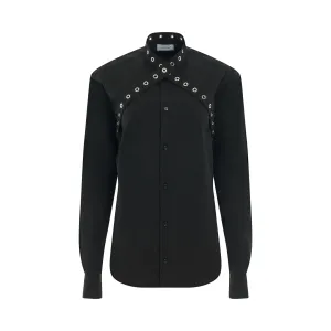 Poplin Belt Eyelets Cross Shirt in Black