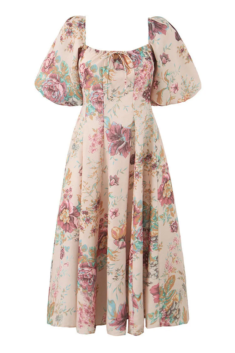 Princess Bow Tie Neck Puff Sleeve Flared Summer Floral Print Midi Dress