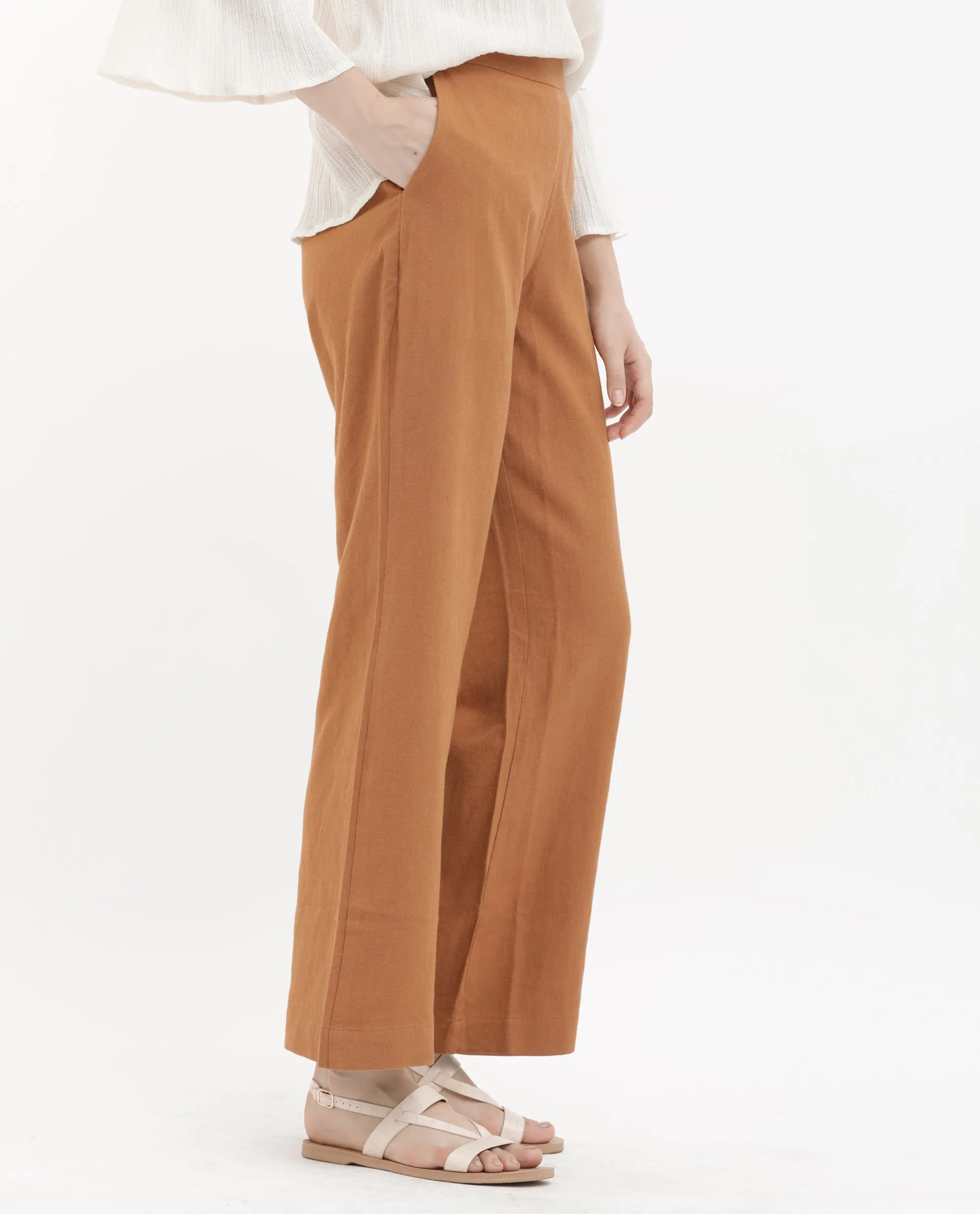 Rareism Women Rica Pastel Orange Cotton Linen Fabric Regular Length Trouser