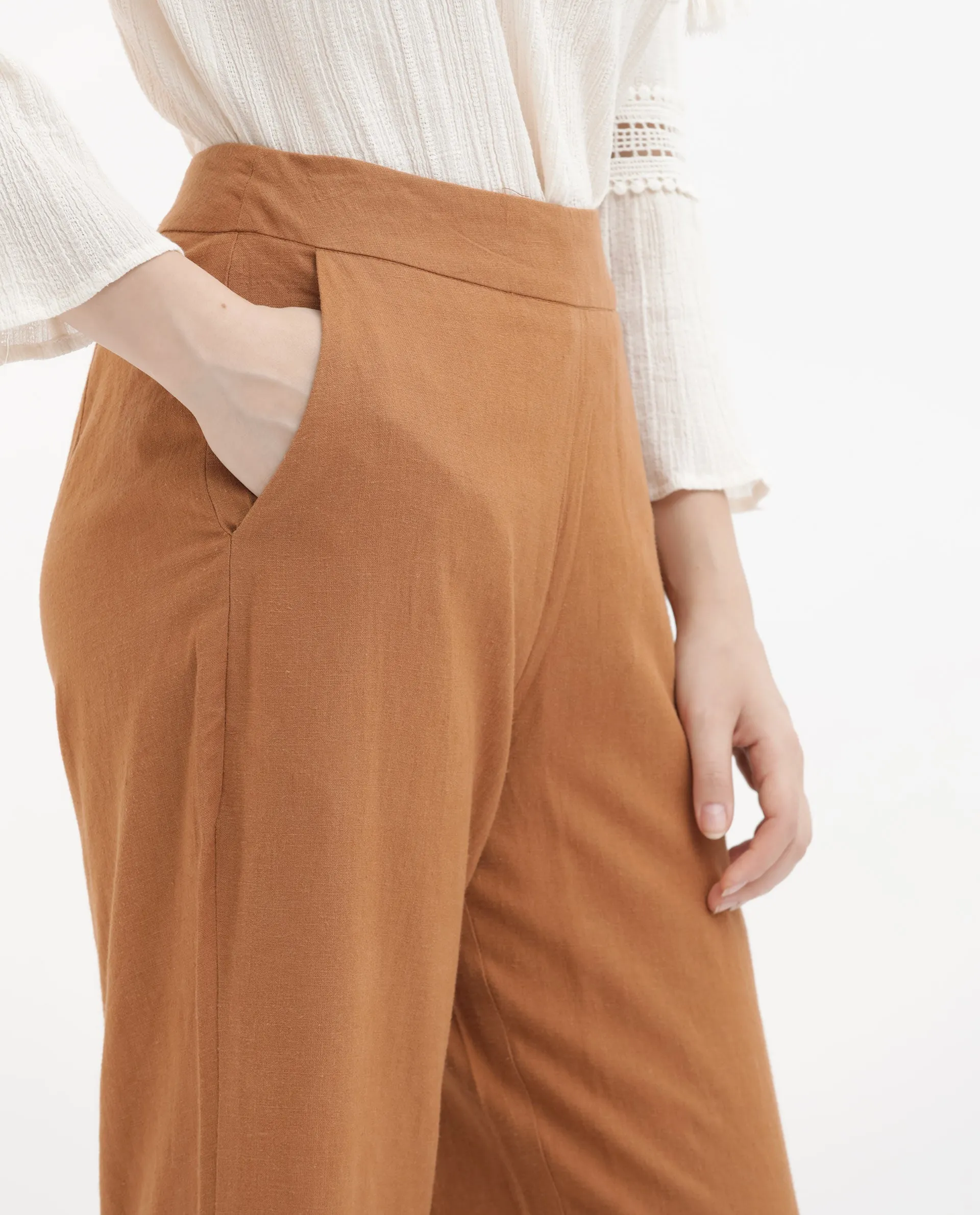 Rareism Women Rica Pastel Orange Cotton Linen Fabric Regular Length Trouser