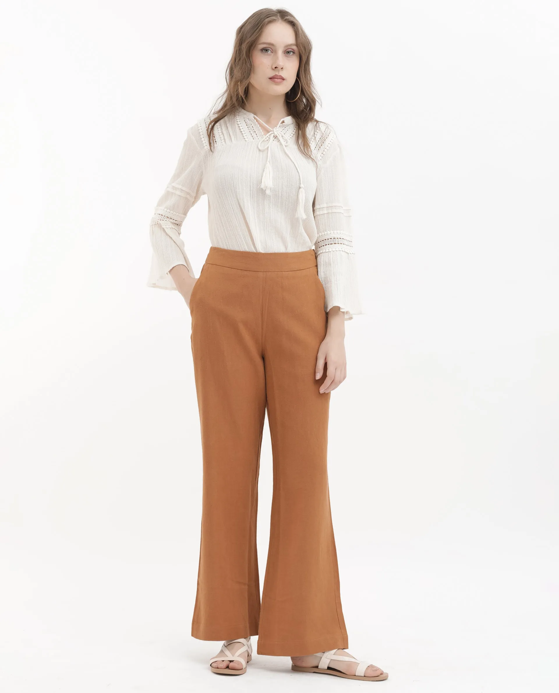 Rareism Women Rica Pastel Orange Cotton Linen Fabric Regular Length Trouser