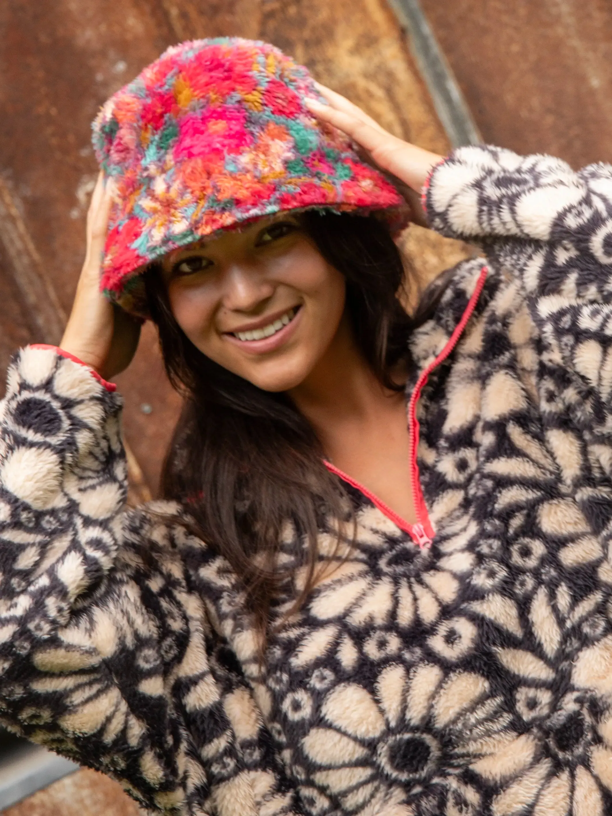 Sherpa Bucket Hat - Turquoise Pink Retro Floral