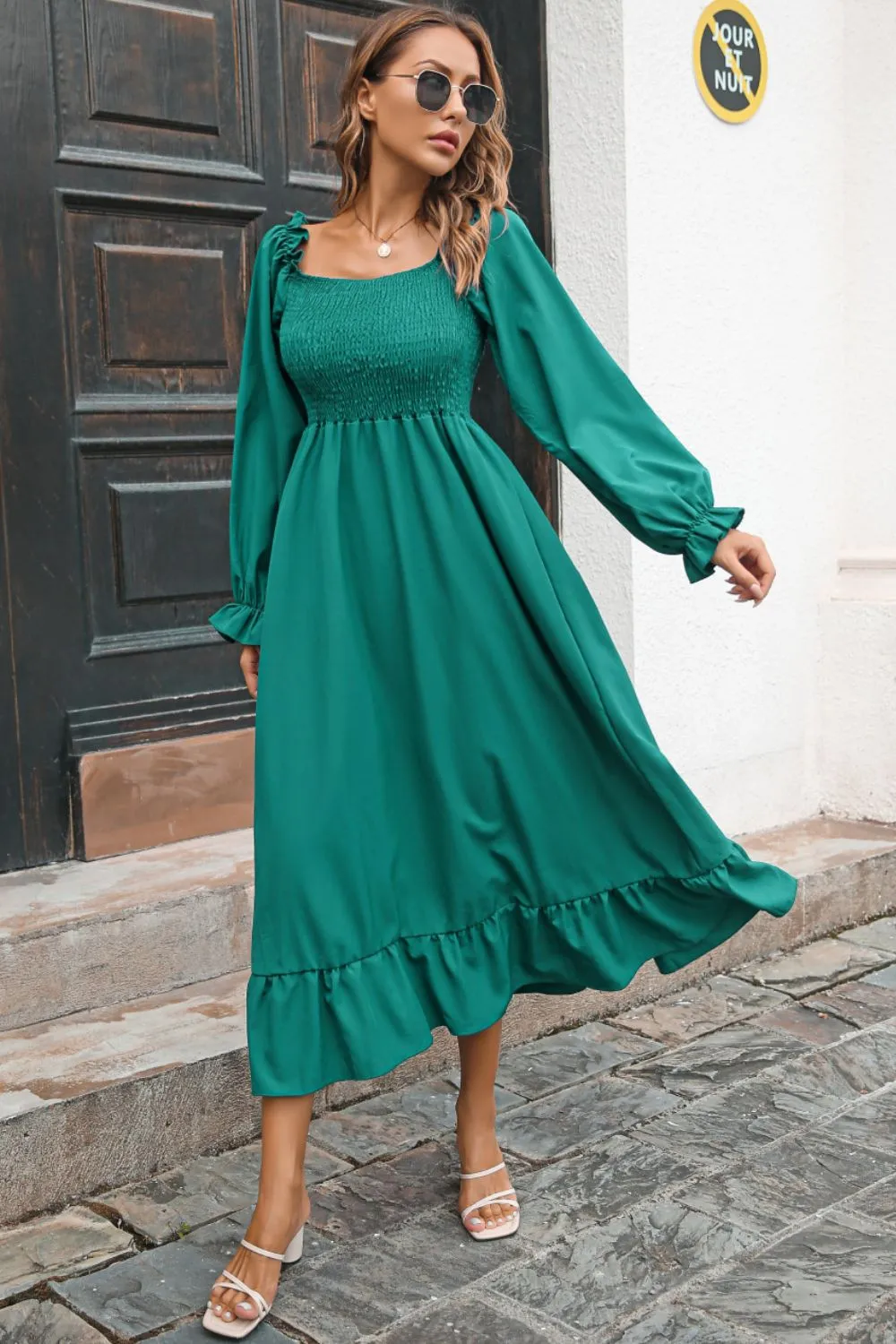 Smocked Ruffle Hem Flounce Sleeve Dress