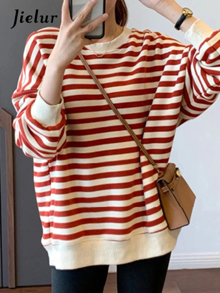 Spell Color Striped Loose Female Hoodies Chic Autumn Casual Office Lady O-neck Simple Pullover Fashion Women Sweatshirts