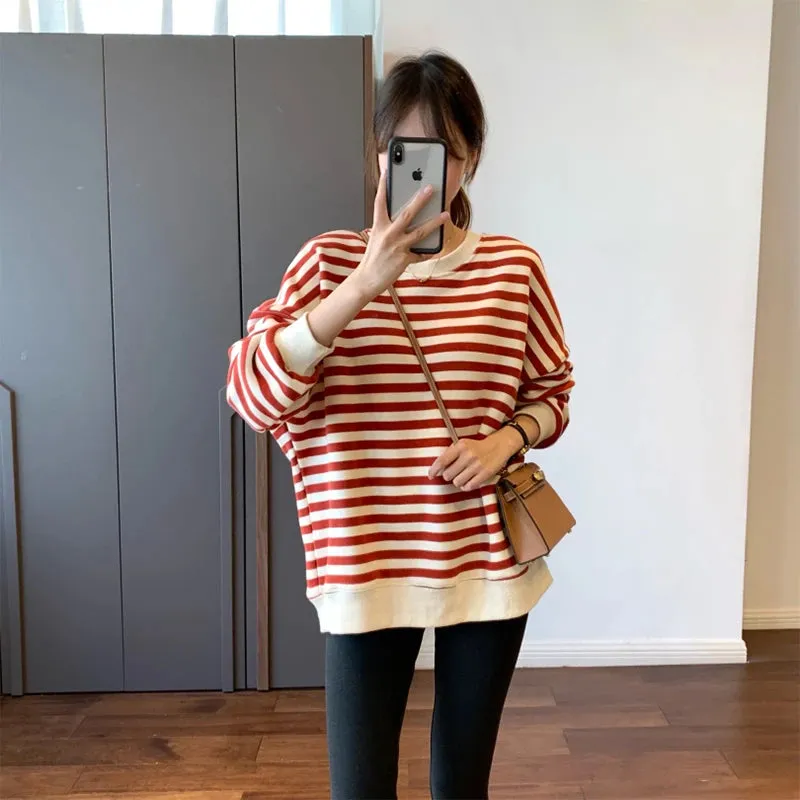 Spell Color Striped Loose Female Hoodies Chic Autumn Casual Office Lady O-neck Simple Pullover Fashion Women Sweatshirts