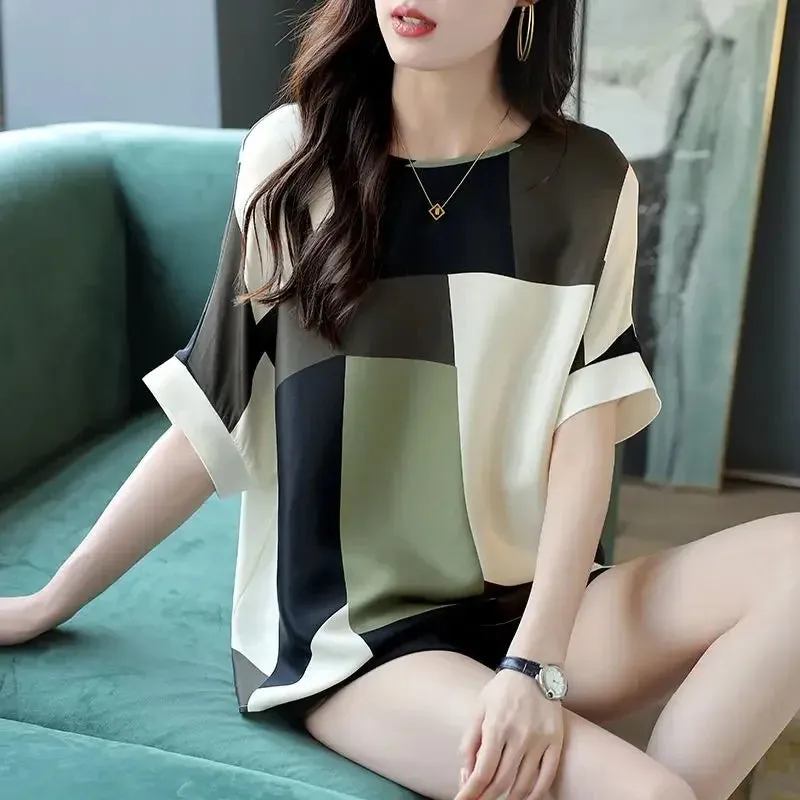 Temperament Casual Round Neck Bat Sleeve High End Chiffon Print Shirt for Women's 2024 Summer New High End Popular Trendy Top