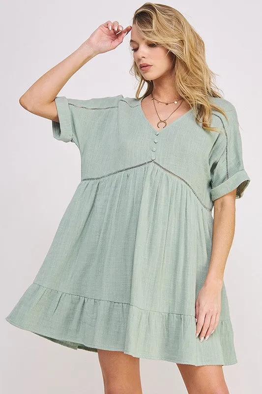 Textured Woven Ladder Trim Button Babydoll Dress