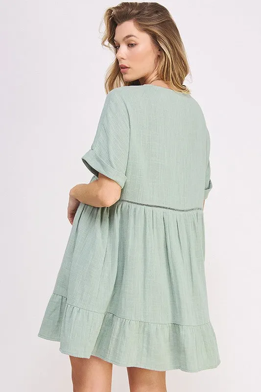 Textured Woven Ladder Trim Button Babydoll Dress