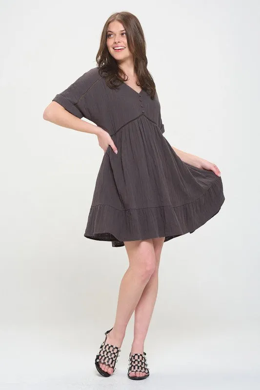 Textured Woven Ladder Trim Button Babydoll Dress