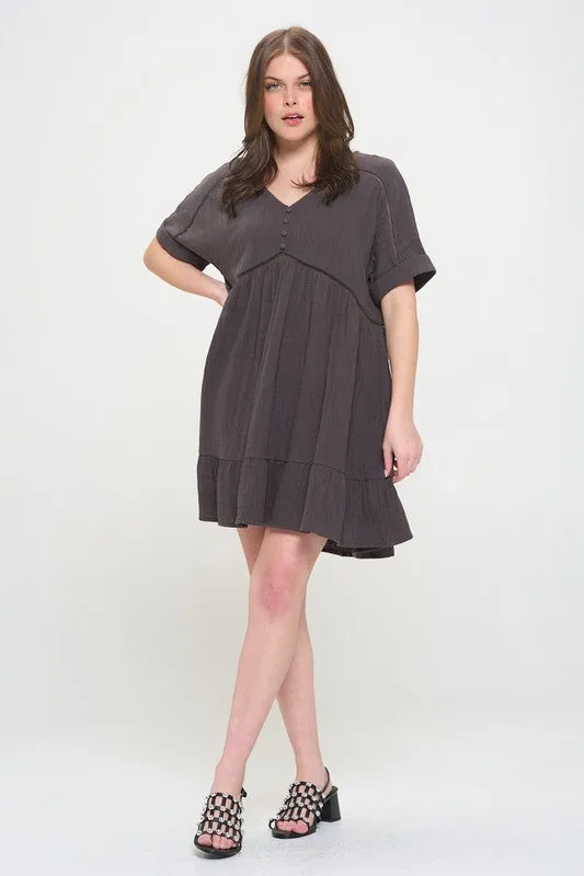 Textured Woven Ladder Trim Button Babydoll Dress