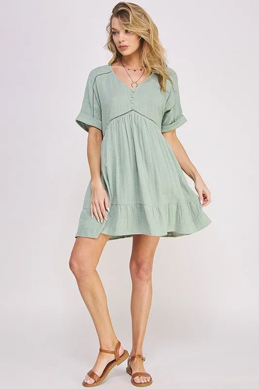 Textured Woven Ladder Trim Button Babydoll Dress