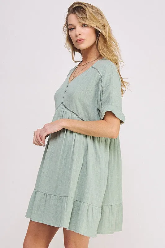 Textured Woven Ladder Trim Button Babydoll Dress