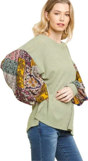 Umgee Sage Paisley Waffle Knit Top