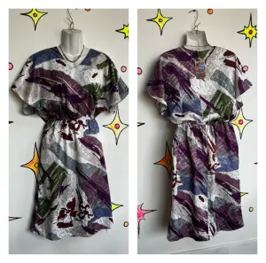 Vintage 80s | Purple Silky Abstract Flowy Goddess Secretary Dress | Medium