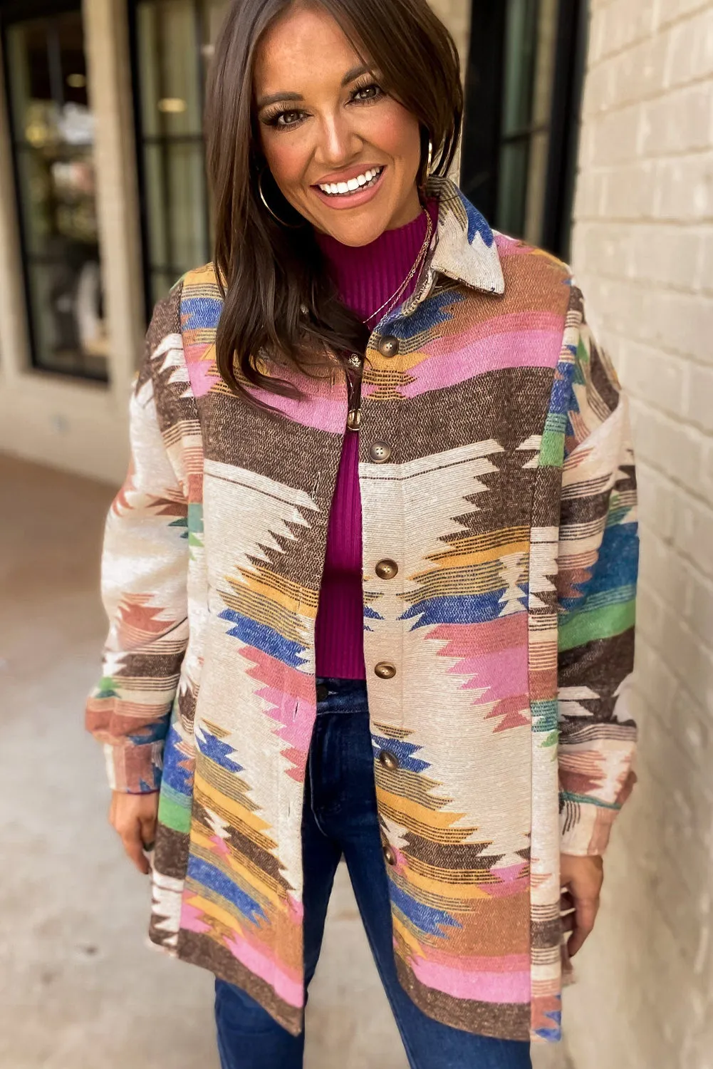 Western Multicolor Aztec Button Up Shacket