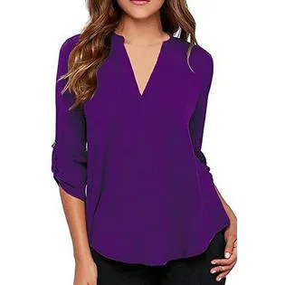 Women Awesome V-Neck Trendy Solid Colored Roll Over Sleeve Stylish Shirt - WSB82216