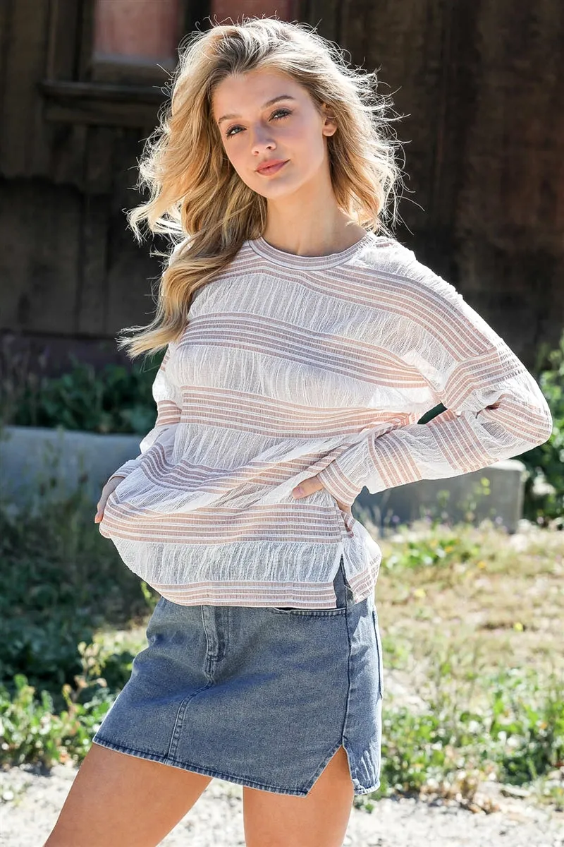 Women's Crochet Stripe Long Sleeve Semi-sheer Top