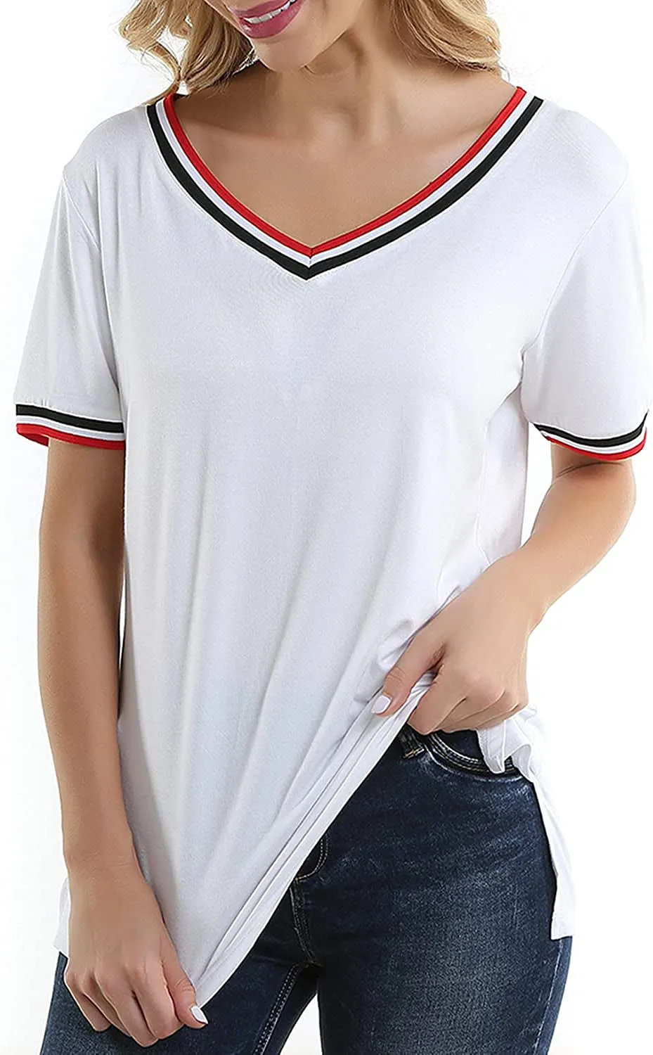 Women's T Shirts V-Neck Short Sleeve Side Split Loose Fit Casual Tees