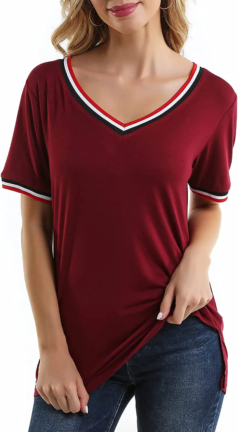 Women's T Shirts V-Neck Short Sleeve Side Split Loose Fit Casual Tees